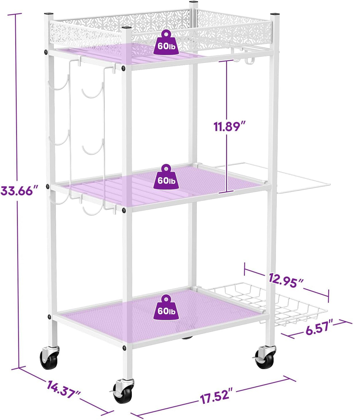 Rolling 3‑Tier Home Gym Storage Rack with Hooks