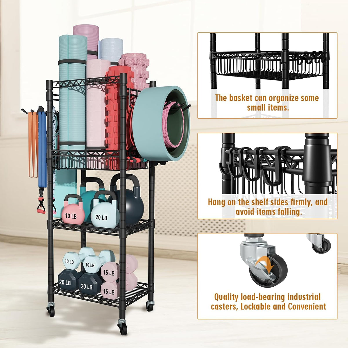 Rolling 3‑Tier Workout Equipment Organizer