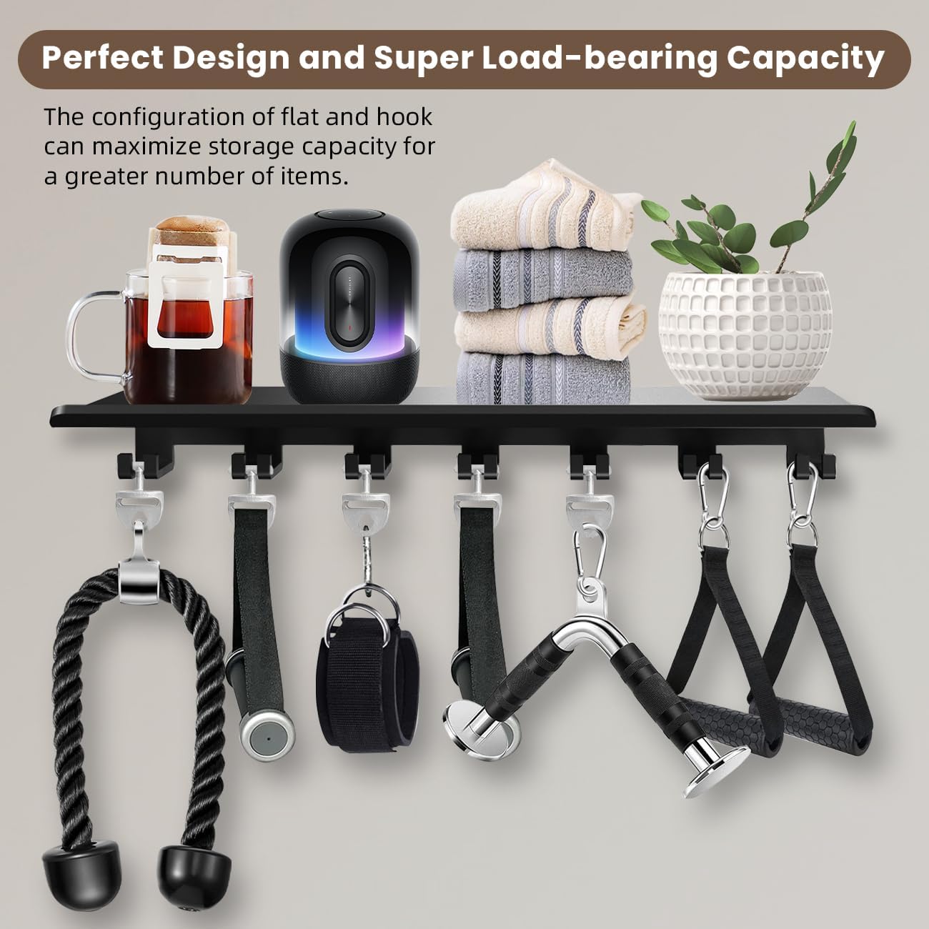 Wall‑Mount Gym Floating Shelf with Hooks
