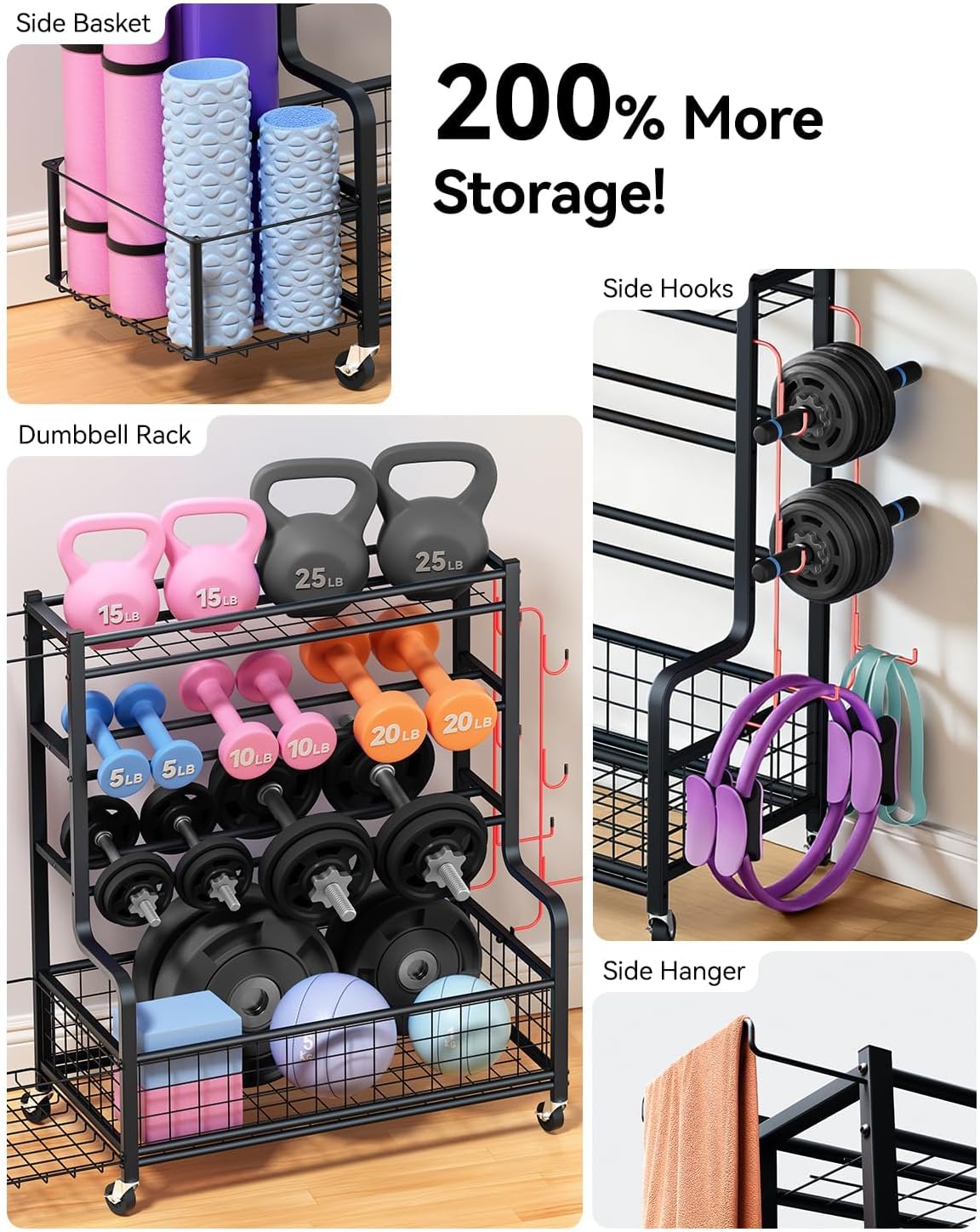Rolling 4‑Tier Heavy‑Duty Gym Storage Rack