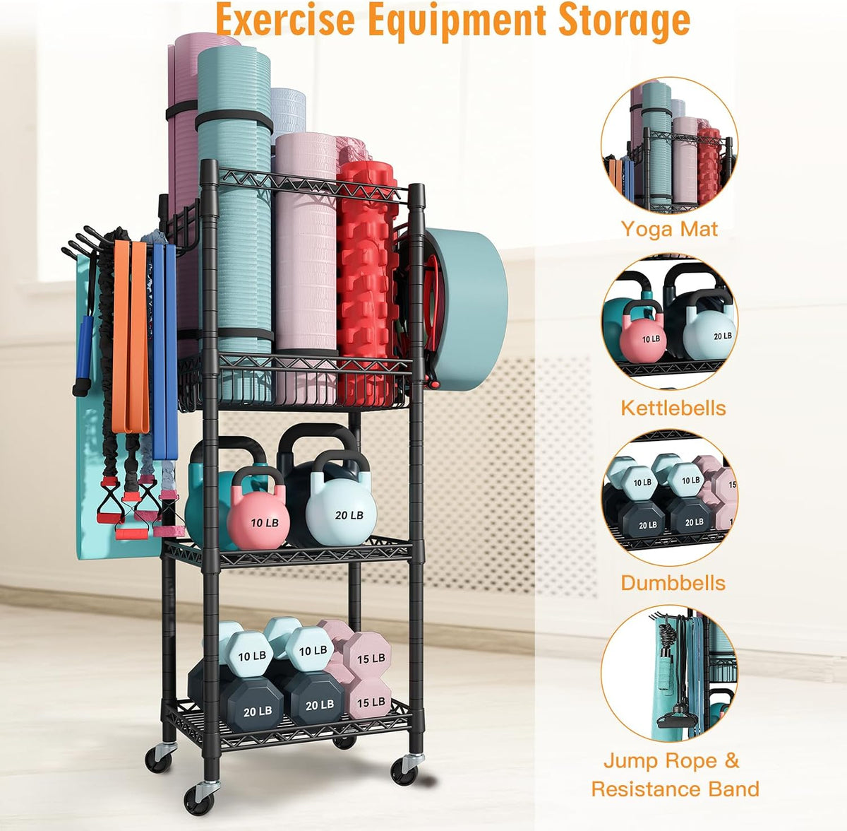 Rolling 3‑Tier Workout Equipment Organizer