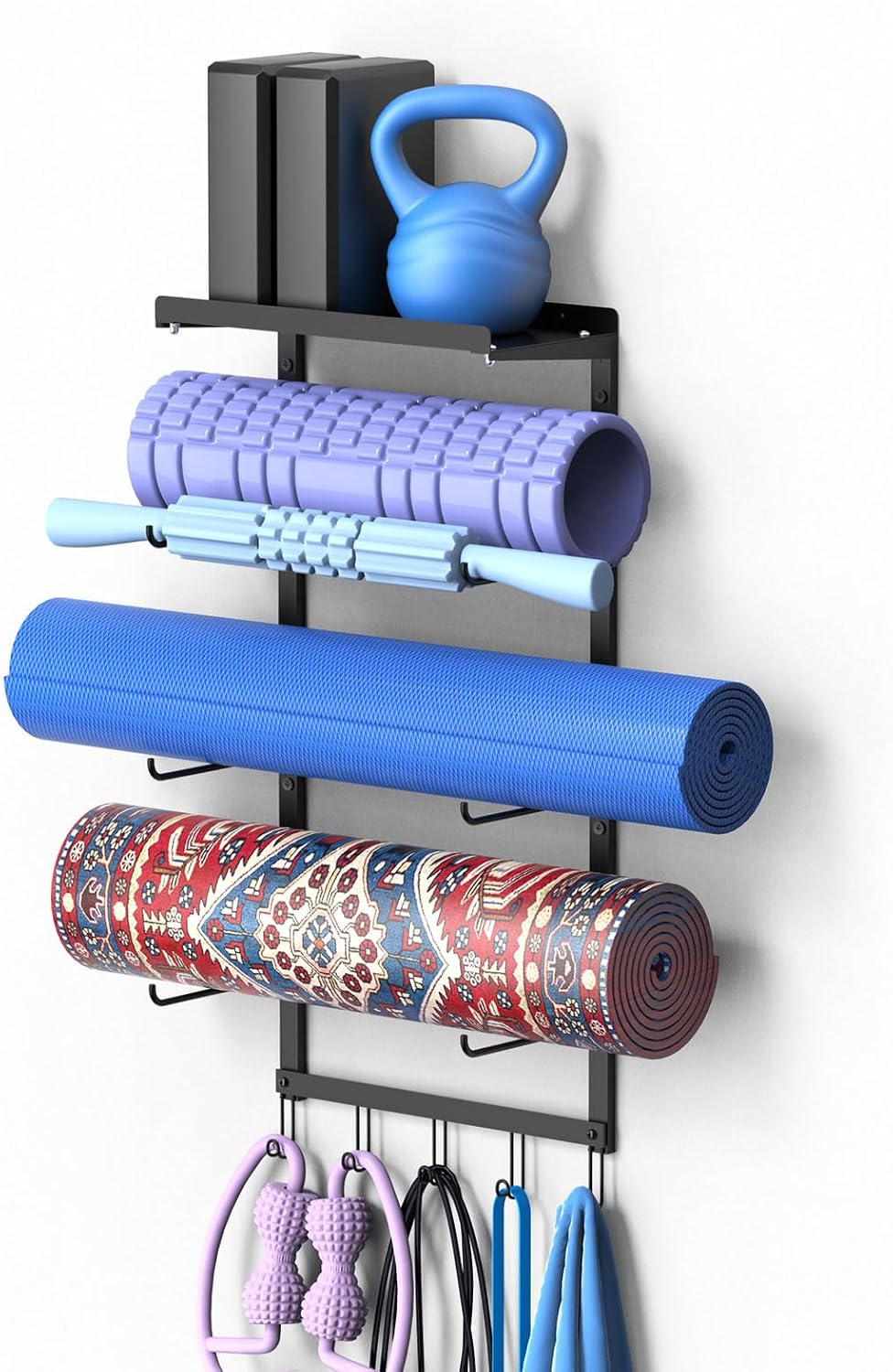 Wall‑Mount Yoga Mat Storage Rack with Hooks