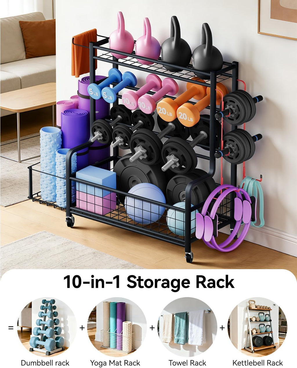 Rolling 4‑Tier Heavy‑Duty Gym Storage Rack