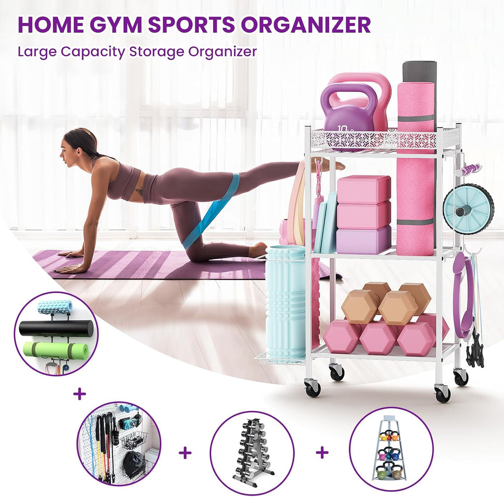 Rolling 3‑Tier Home Gym Storage Rack with Hooks