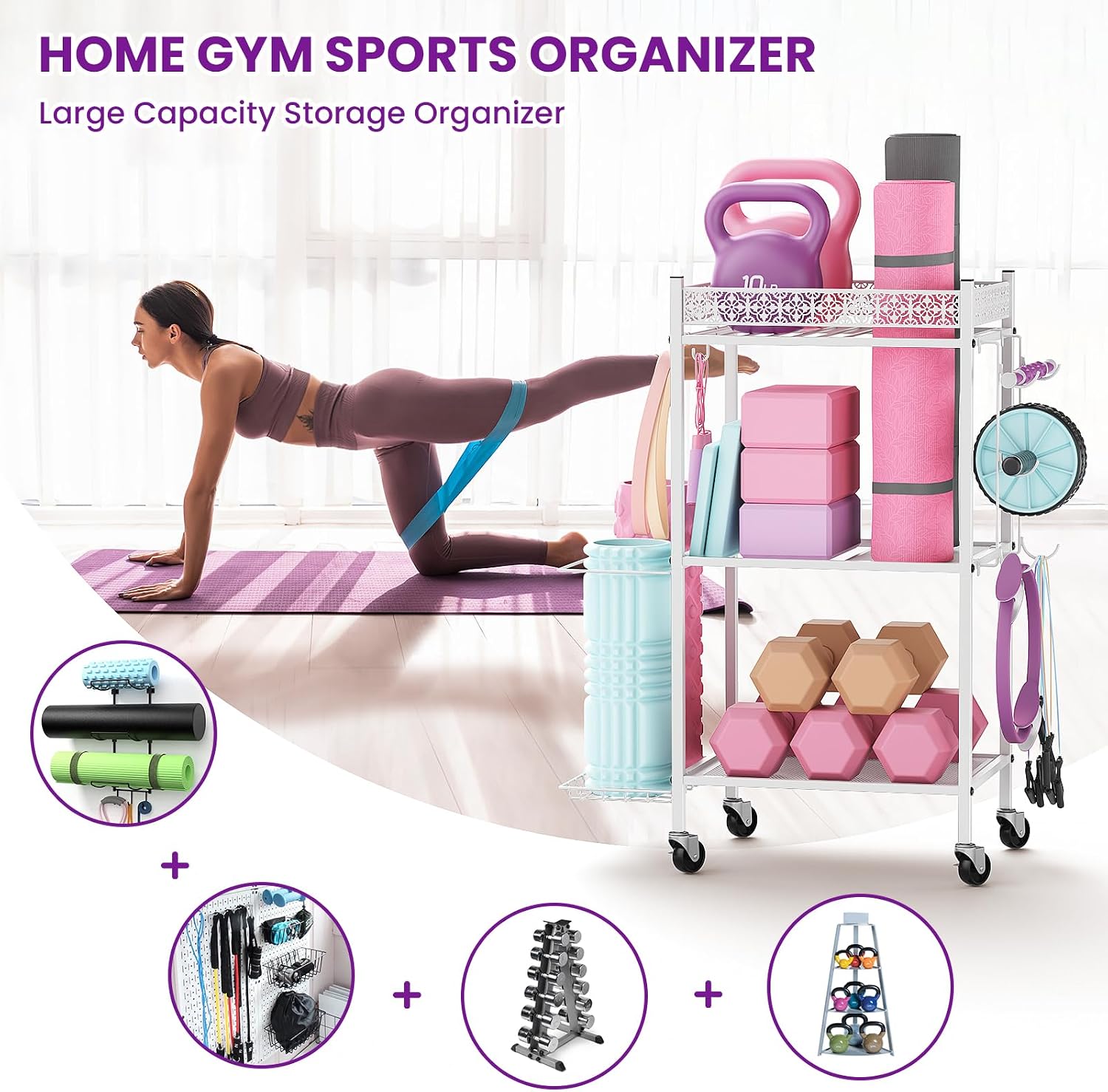 Rolling 3‑Tier Home Gym Storage Rack with Hooks