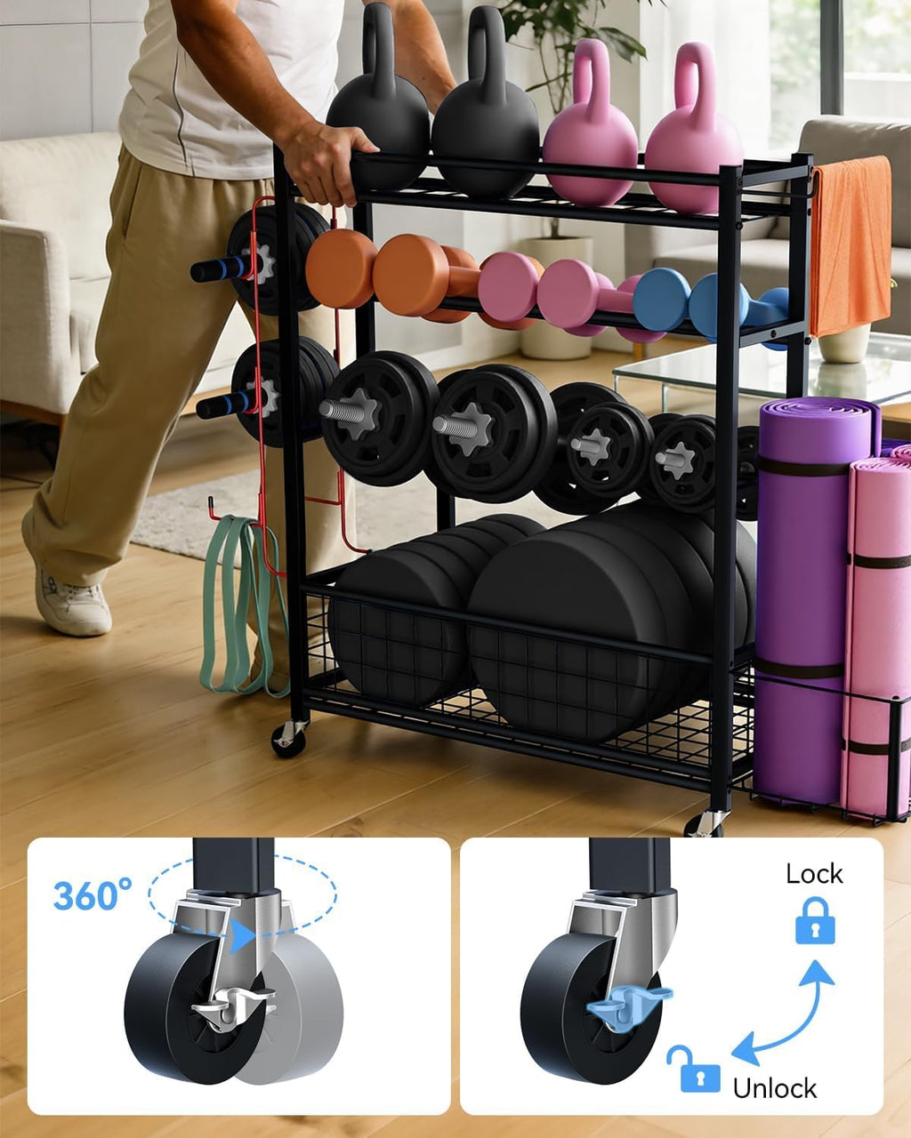 Rolling 4‑Tier Heavy‑Duty Gym Storage Rack