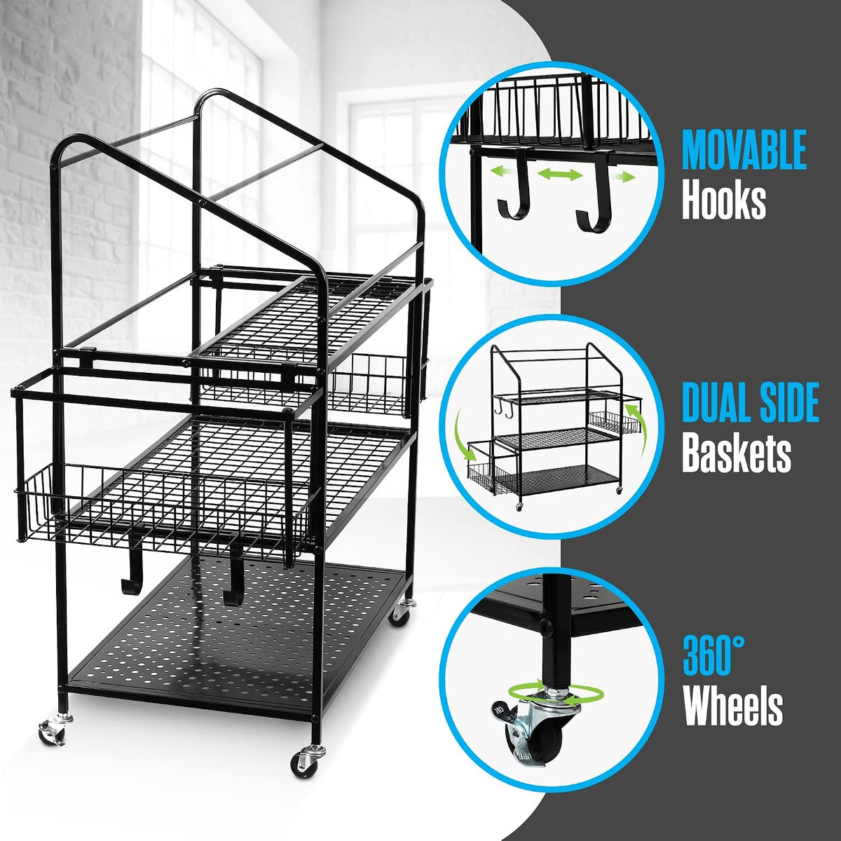 Rolling 3‑Tier Workout Equipment Storage Cart