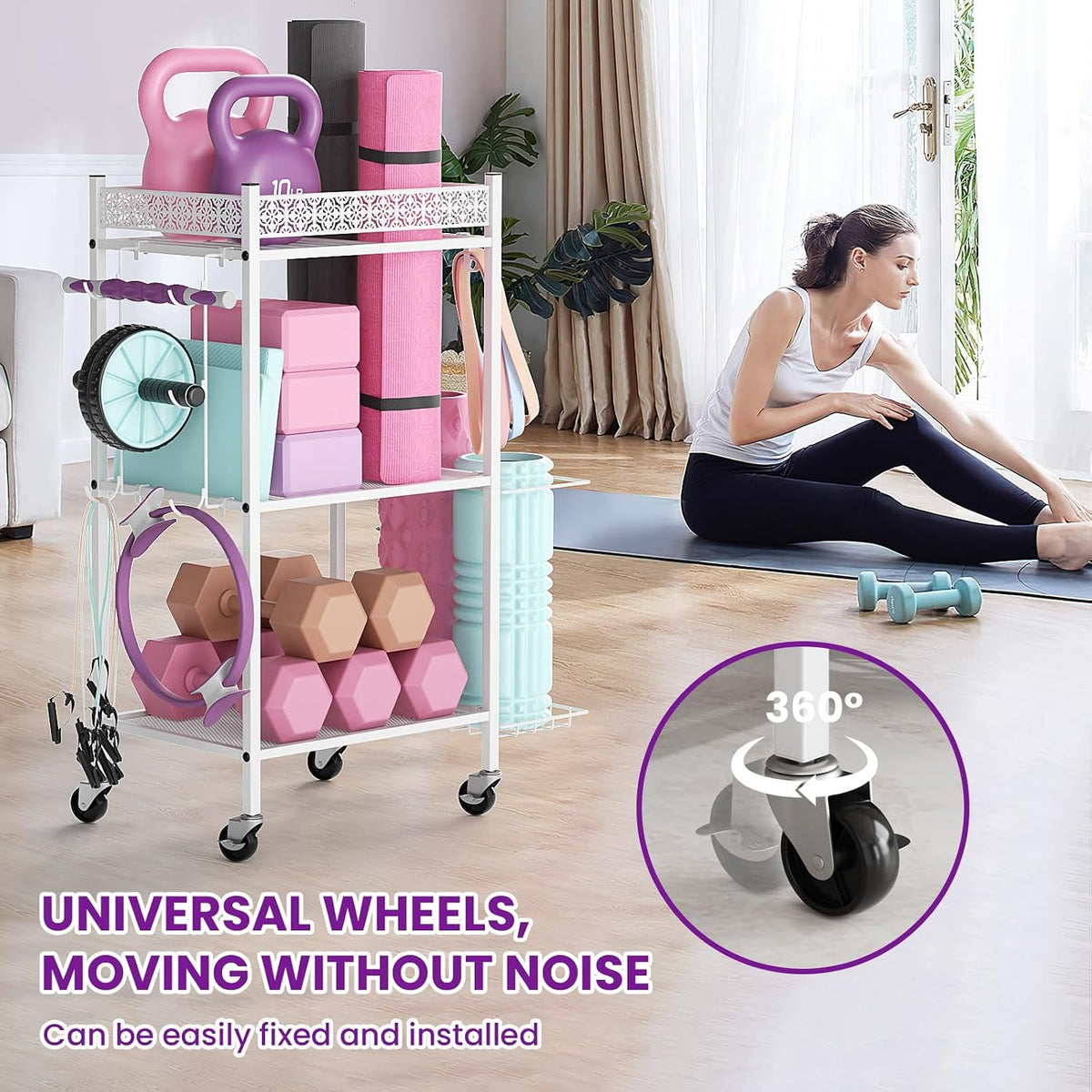 Rolling 3‑Tier Home Gym Storage Rack with Hooks