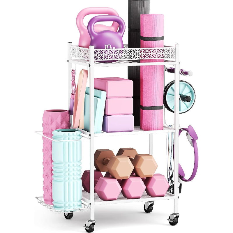 Rolling 3‑Tier Home Gym Storage Rack with Hooks